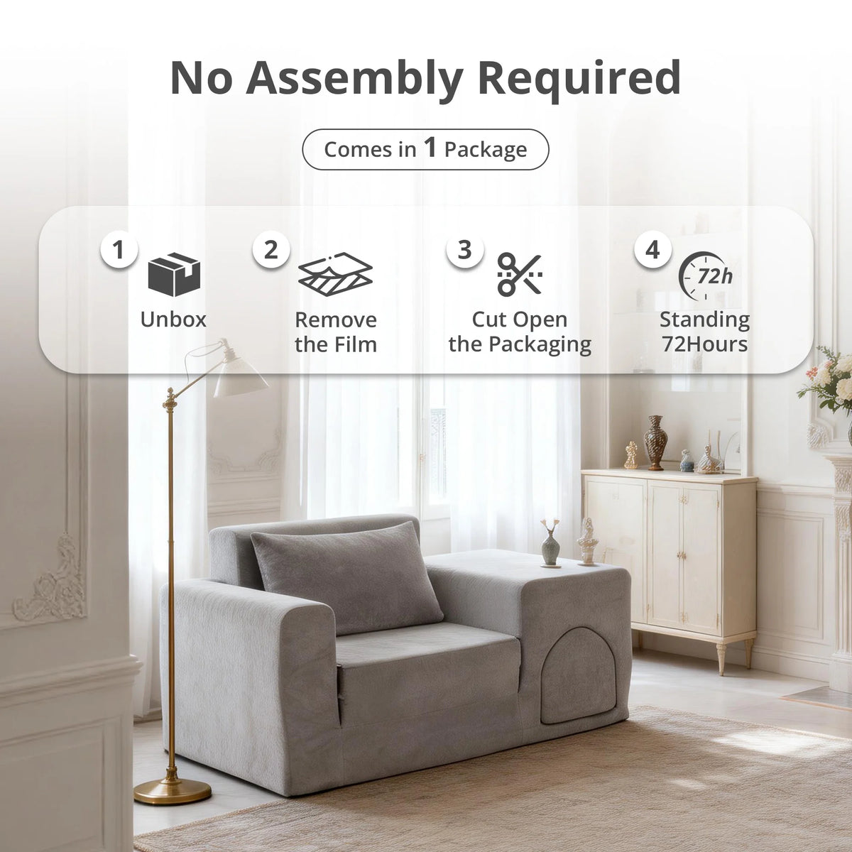Grey 5-in-1 No-Assembly Sofa Bed with Ottoman Pet-Friendly Easy-Clean Fabric for Small Spaces Dorm Living Room