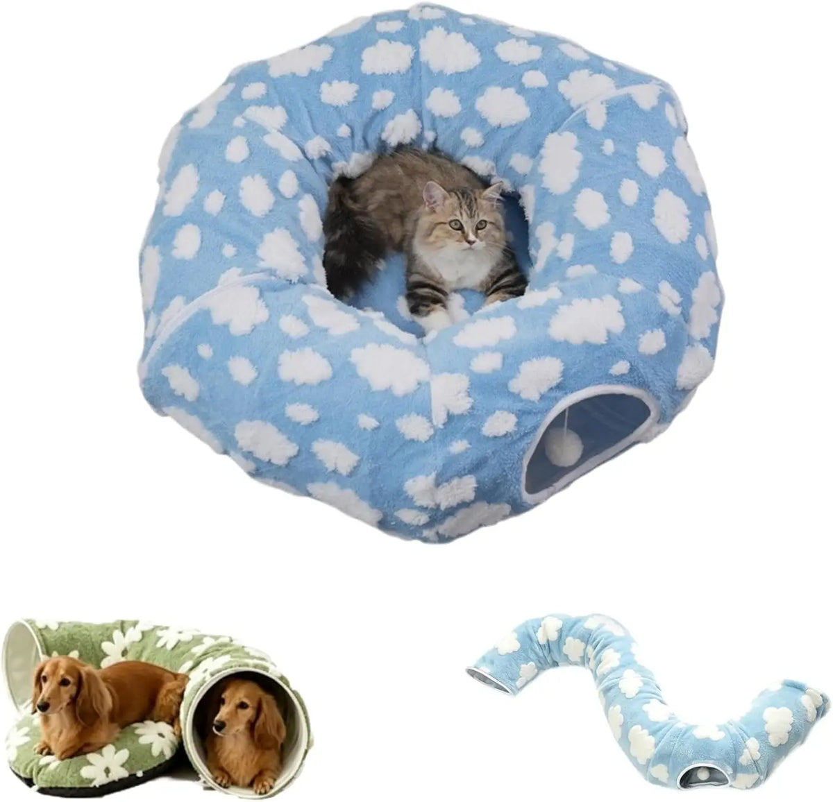 Dachshund Tunnel Bed, Flower Design Plush Foldable Dog Bed