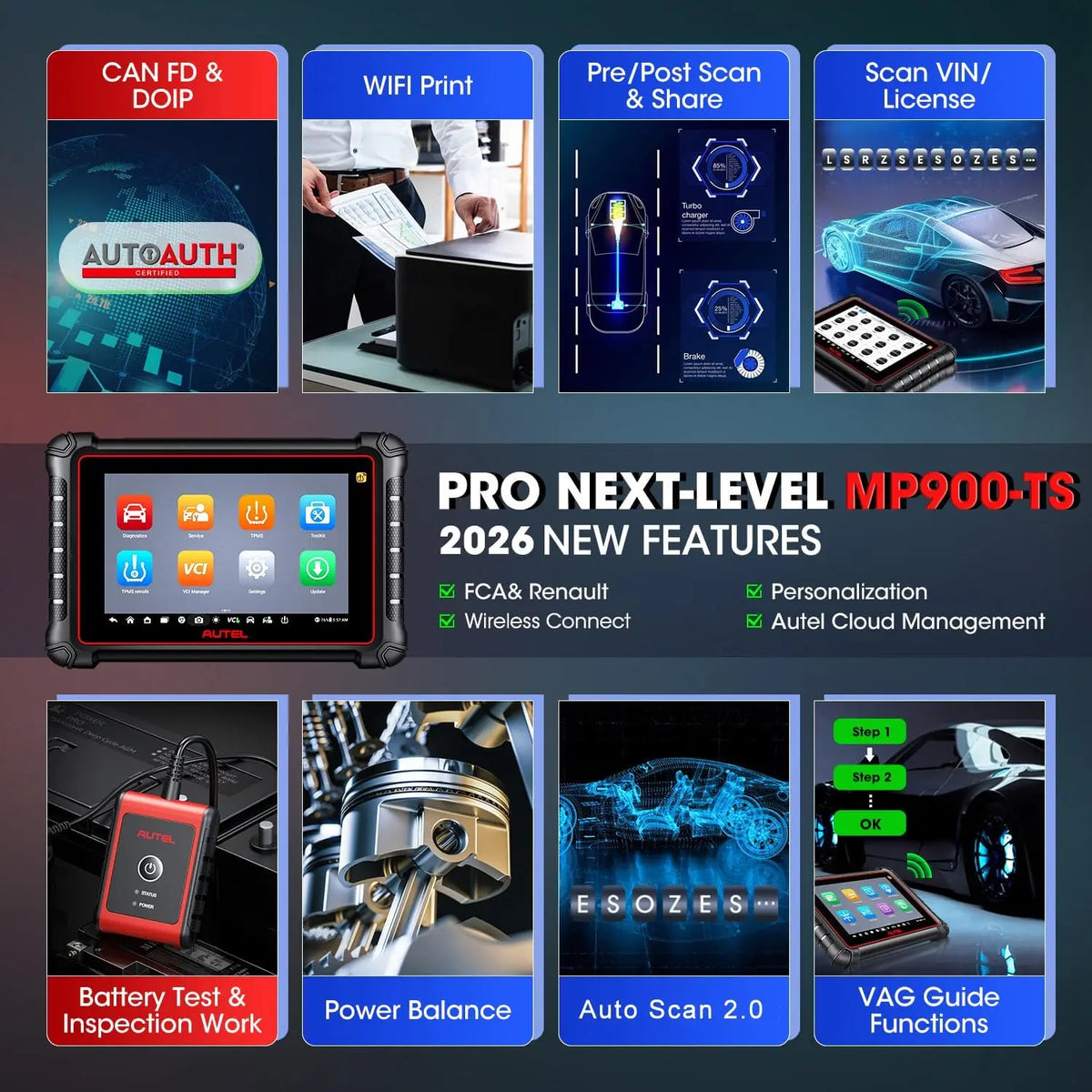 Autel MaxiPRO MP900-TS Auto TPMS Diagnostic Tools Car OBD2 Scanner Programming ECU Coding Active Test CAN FD/DoIP PK MP808BT