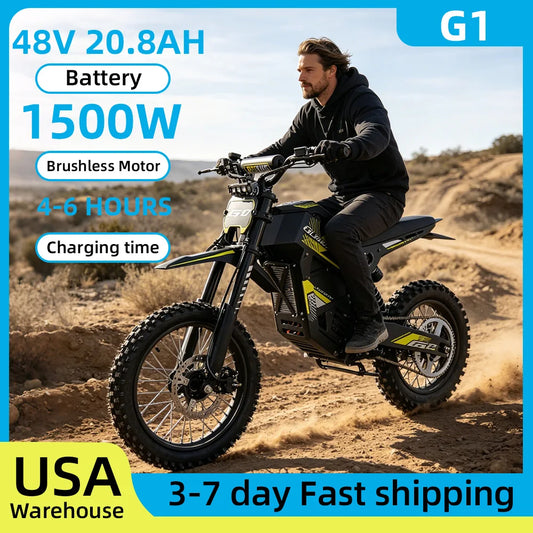 New G1 Electric E-bike Dirt Bike 1500W 48V 20.8AH Electric Motorcycle Fat Tire Nitrogen Suspension E Dirt Bike for Teens and Adults