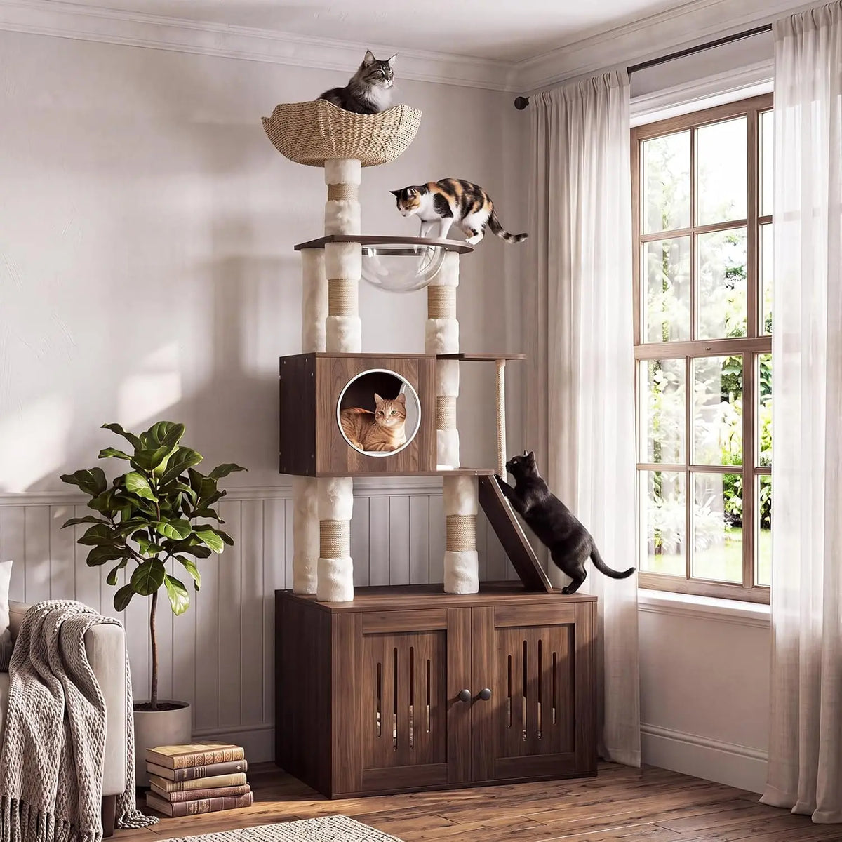 Tacleekii 66.9" Cat Tree with Litter Box Enclosure Multi-Level Cat Condo Attan Cat House & Space Capsule Acrylic Hammock Double-door Storage 15mm Thick Board & Wide Base