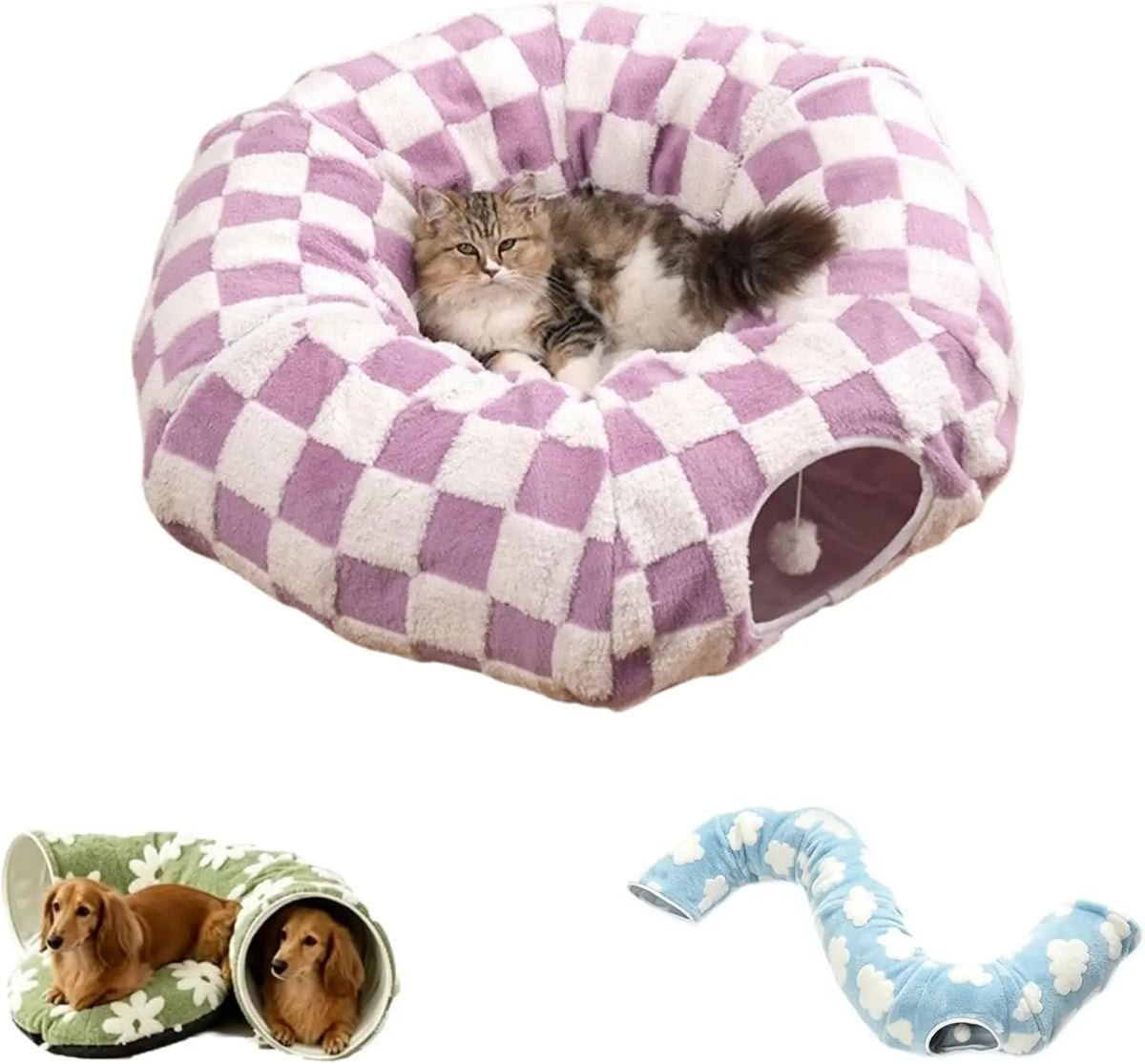 Dachshund Tunnel Bed, Flower Design Plush Foldable Dog Bed