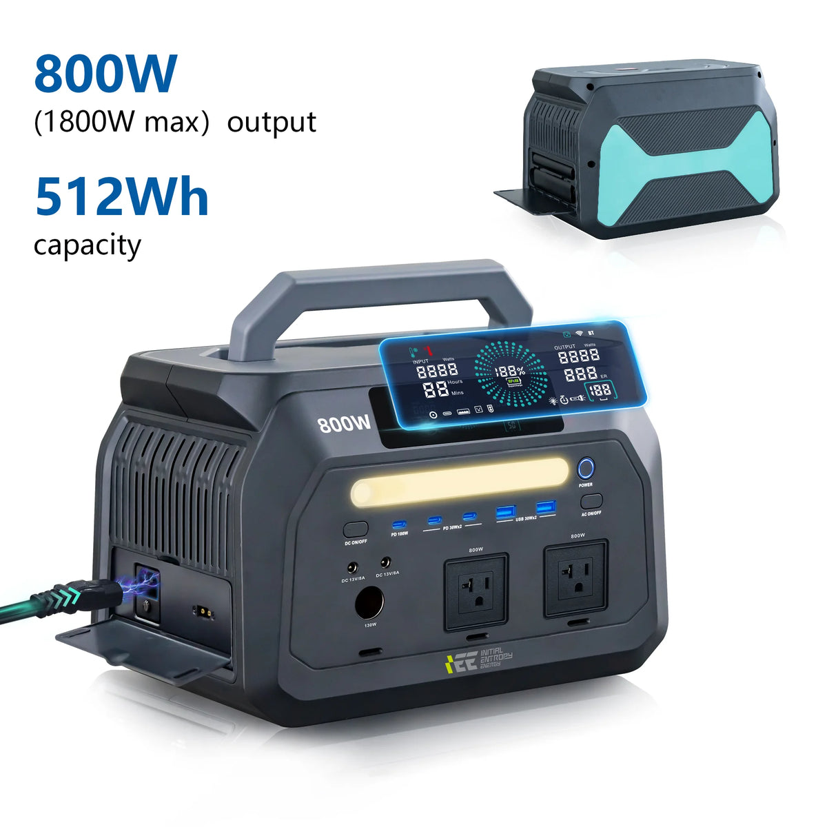 IEE 800W Portable Power Station, 512Wh LiFePO4 Outdoor Solar Generator for Home Use Emergency Camping RV Job Site Hurricane Blackout