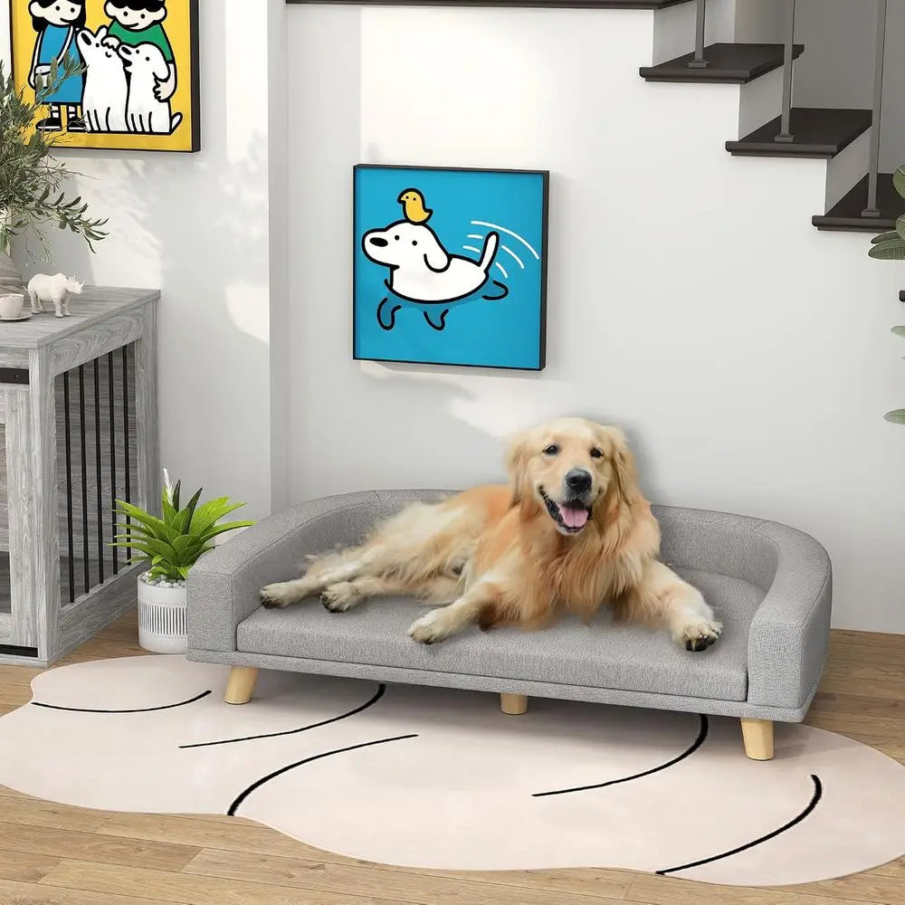 Dog Soa Couch, Pet Bed with Comortable Luxury Cushion, Washable Cover, Wooden Legs, Anti-Slip Mat or Large Dogs, Cats, Kittens,