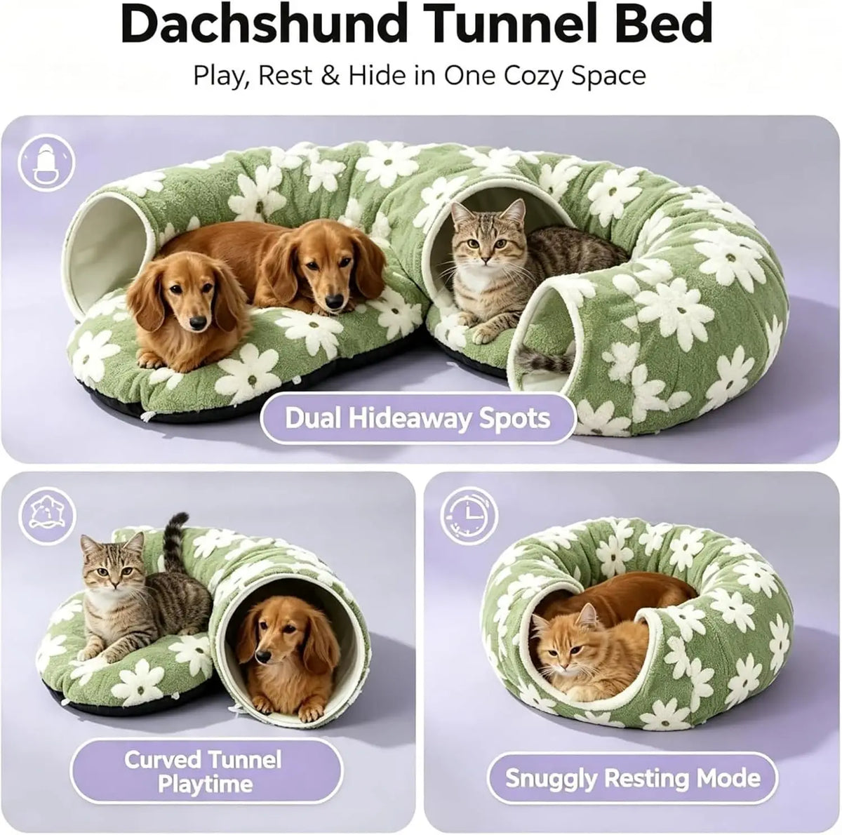 Dachshund Tunnel Bed, Flower Design Plush Foldable Dog Bed