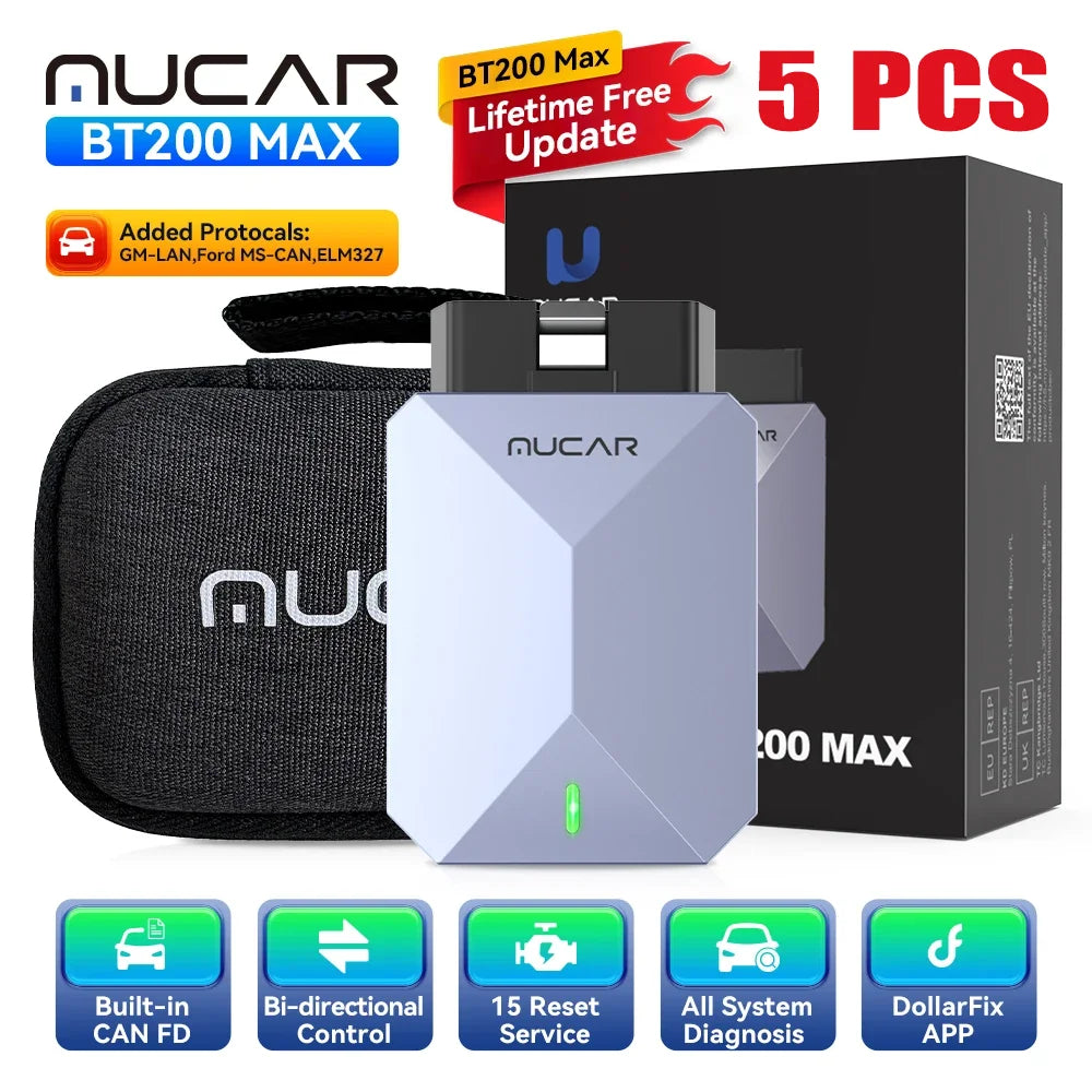 MUCAR BT200 MAX Lifetime Free Auto OBD2 Scanner Full System 15 Reset CAN-FD Bi-directional ECM TCM ABS Car Diagnostic Tools