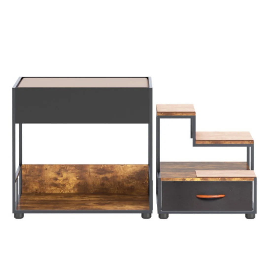 Multi-Level Dog Bunk Bed with Steps & Storage Drawer, Elevated Pet Window Perch & Lounge, Vintage Wood Grain Pet Stairs for Small Medium Dogs Cats, Anti-Slip Ramp