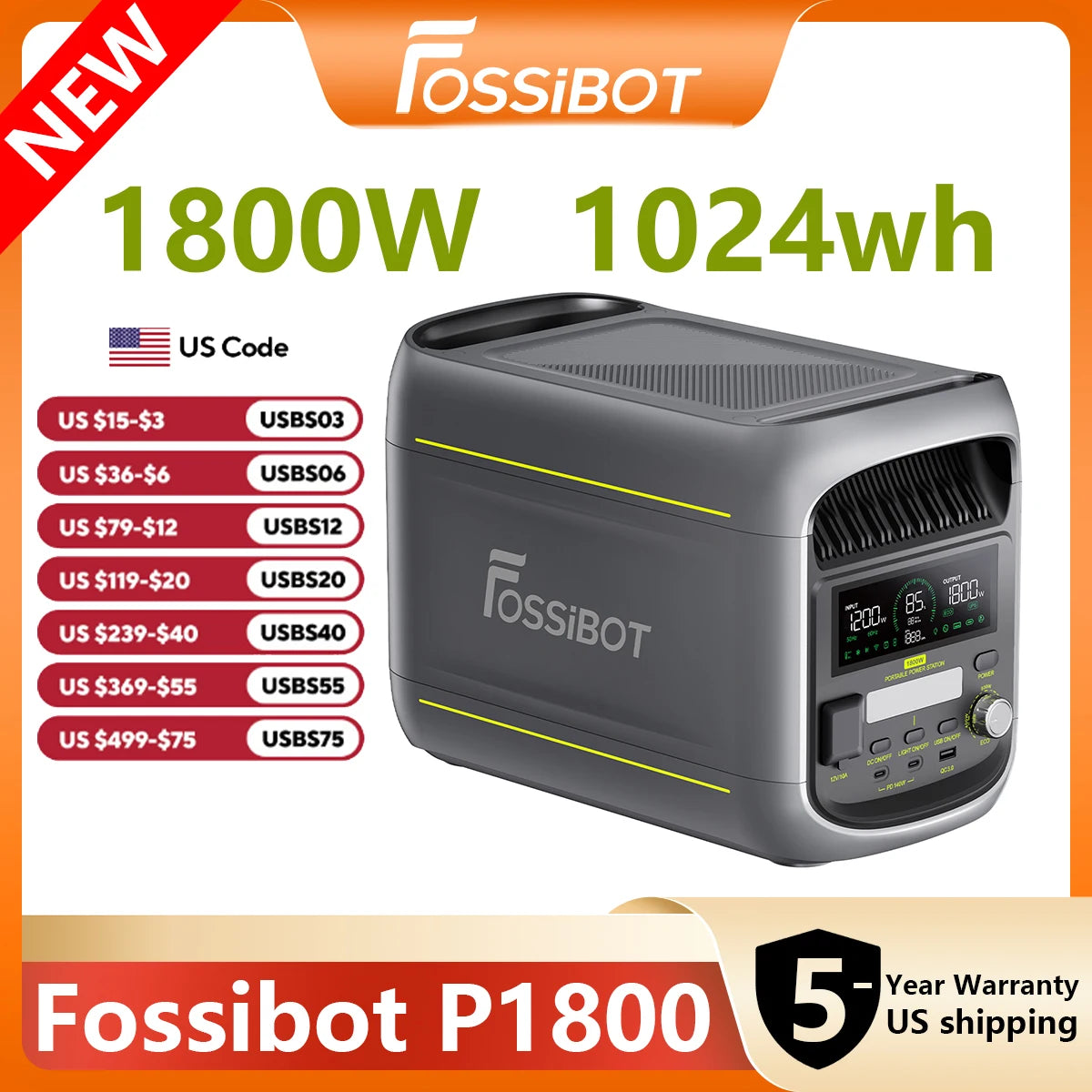 FOSSiBOT F1800 Portable Power Station 1800W (3600W Surge), 1024Wh Solar Generator with LiFePO4 Battery, 10ms Seamless UPS, Pure Sine Wave AC Outlets for Home Backup, Camping, RV, Emergency Emergency