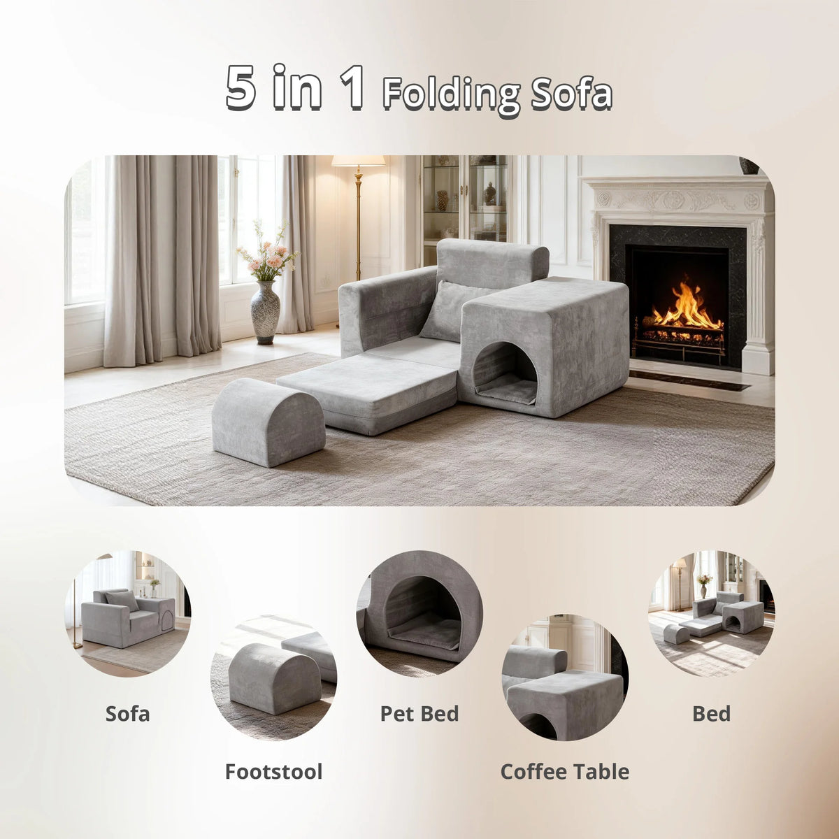 Grey 5-in-1 No-Assembly Sofa Bed with Ottoman Pet-Friendly Easy-Clean Fabric for Small Spaces Dorm Living Room