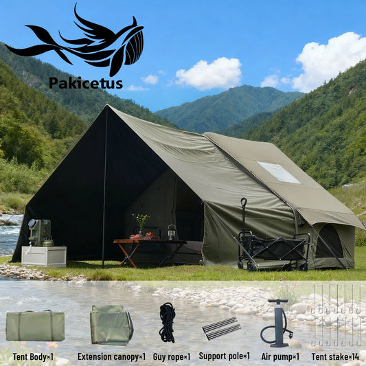 PAKICETUS Inflatable Camping Tent with Extended Sun Canopy Double Room Spacious Space for 4-6 Persons Windproof UV Protection Lightweight Portable All Weather Tent for Outdoor Hiking Family Vacation Trip