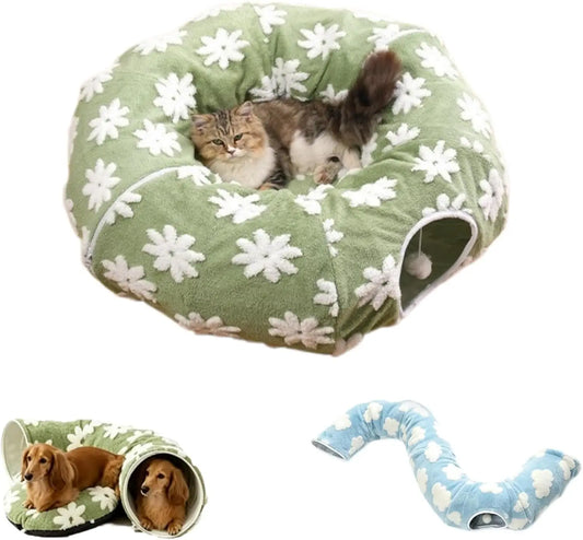 Dachshund Tunnel Bed, Flower Design Plush Foldable Dog Bed