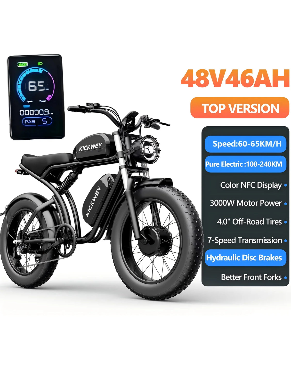 KICKWEY K7 Electric Bike, 3000W Off-Road Electric Bicycle, Full Suspension E-Bike, 20" Fat Tire All-Terrain Electric Dirt Bike