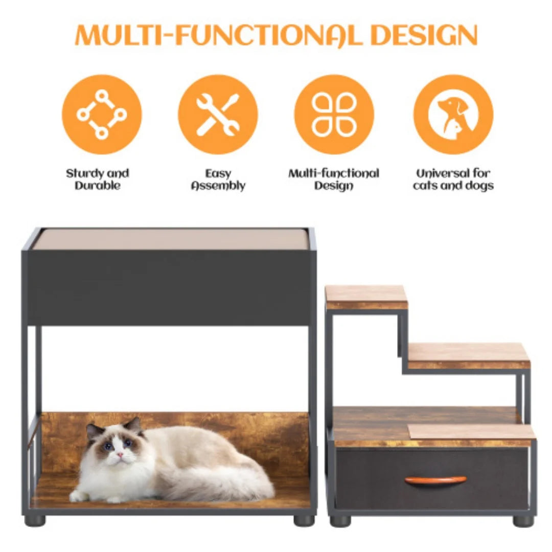 Multi-Level Dog Bunk Bed with Steps & Storage Drawer, Elevated Pet Window Perch & Lounge, Vintage Wood Grain Pet Stairs for Small Medium Dogs Cats, Anti-Slip Ramp