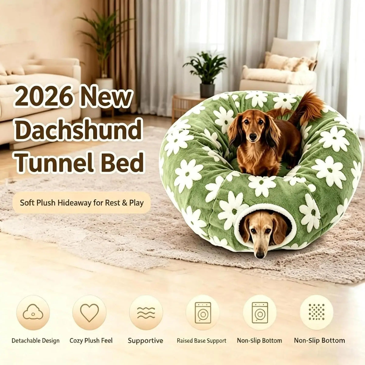 Dachshund Tunnel Bed, Flower Design Plush Foldable Dog Bed