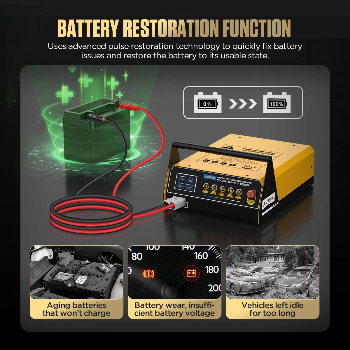 AUTOOL EM355 Power Inverter ECU Programming 110/120V HD LCD Screen Nine Safety Protections Adjustable Programming Voltage