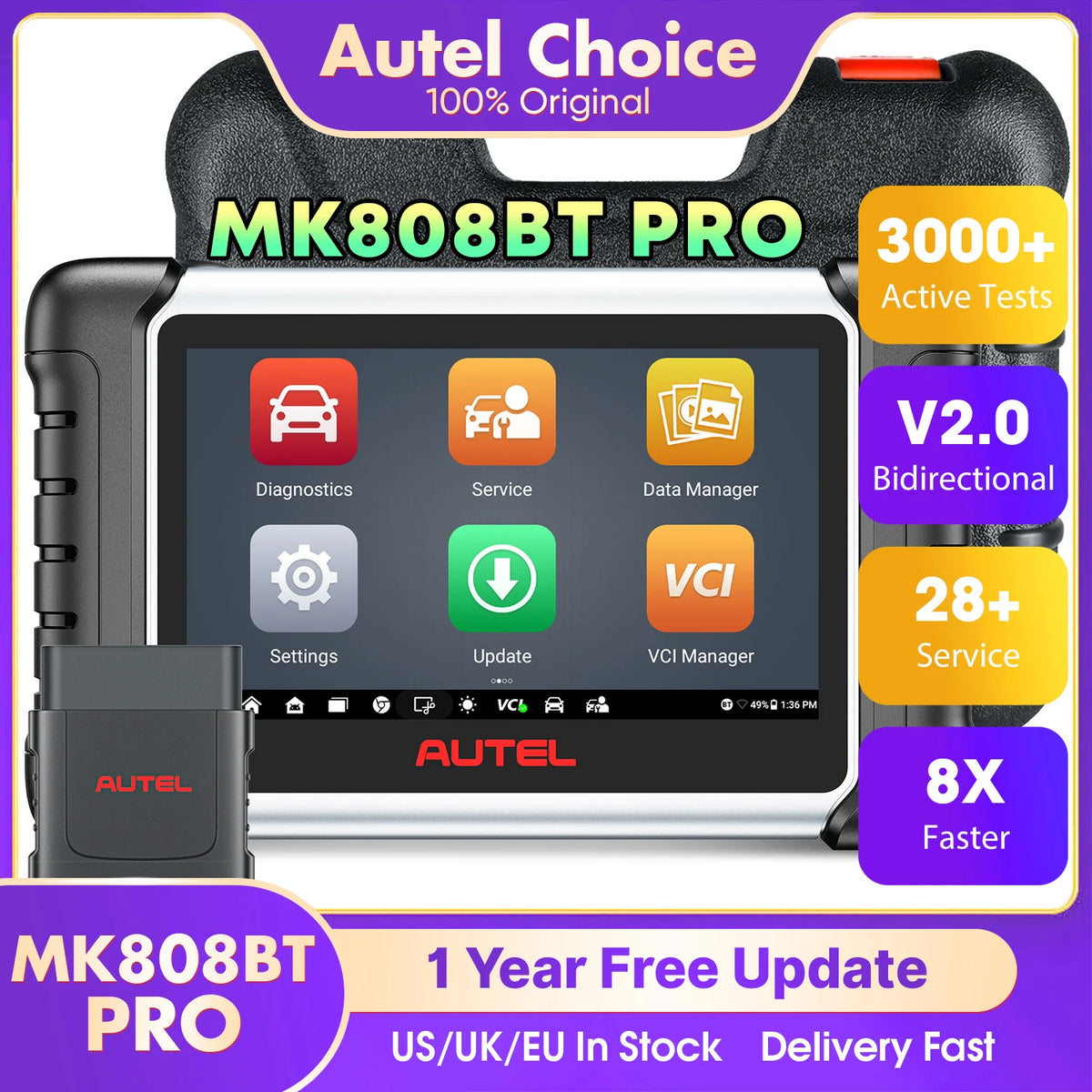 Autel Maxicom Mk808Bt Pro Auto Car Diagnostic Scan Tool Obd2 Bluetooth Automotive Scanner Bi-Directional Code Reader All System Pk Mk808Kbt Mk808S