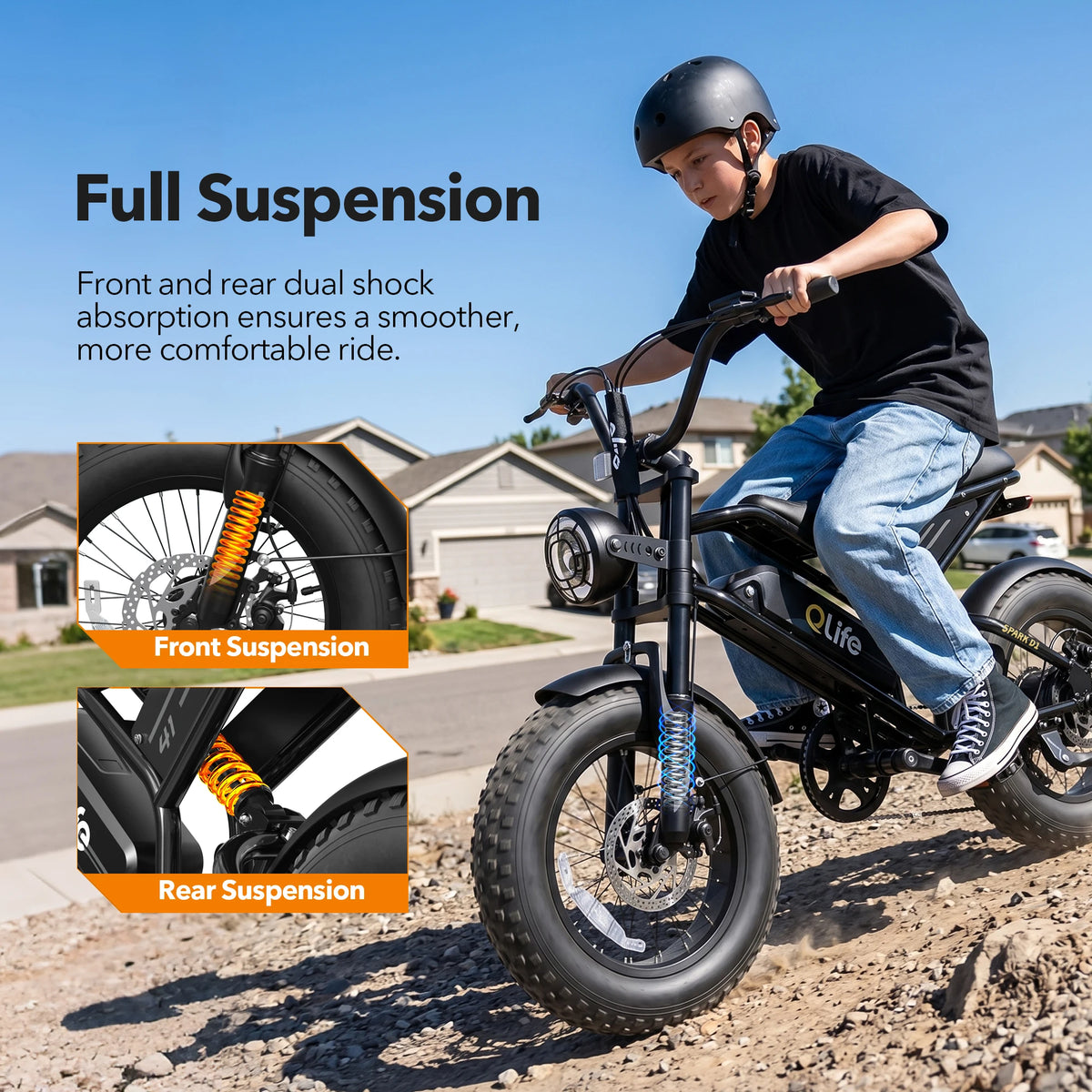 Qlife Spark D1 Electric Bike for Adults, 1500W Peak Motor 48V 10.4 Ah, 16" Fat Tires Electric Mountain Bike, 25 MPH 50Mi Range Off-Road Ebike with Full Suspension