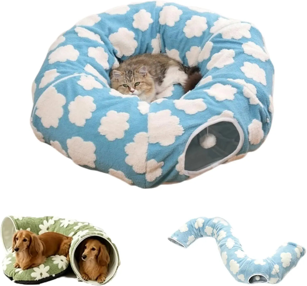 Dachshund Tunnel Bed, Flower Design Plush Foldable Dog Bed