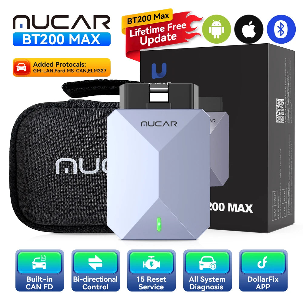MUCAR BT200 MAX Lifetime Free Auto OBD2 Scanner Full System 15 Reset CAN-FD Bi-directional ECM TCM ABS Car Diagnostic Tools