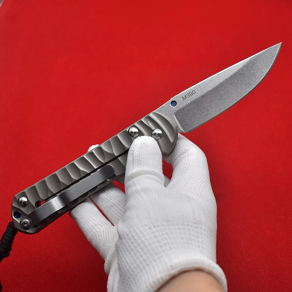 M390 Steel Folding Knife, Ball Bearing, Stonewashed Titanium Alloy, High Hardness Sharp EDC Survival Tool for Outdoor Camping