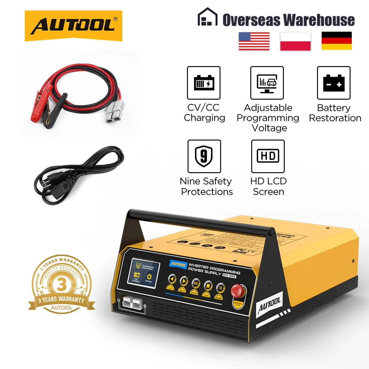 AUTOOL EM355 Power Inverter ECU Programming 110/120V HD LCD Screen Nine Safety Protections Adjustable Programming Voltage