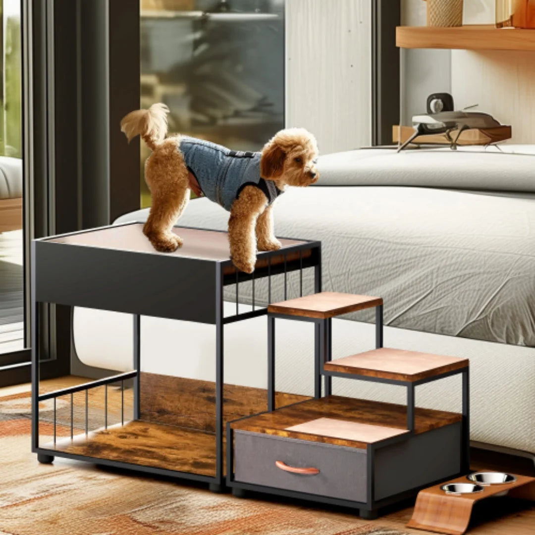Multi-Level Dog Bunk Bed with Steps & Storage Drawer, Elevated Pet Window Perch & Lounge, Vintage Wood Grain Pet Stairs for Small Medium Dogs Cats, Anti-Slip Ramp