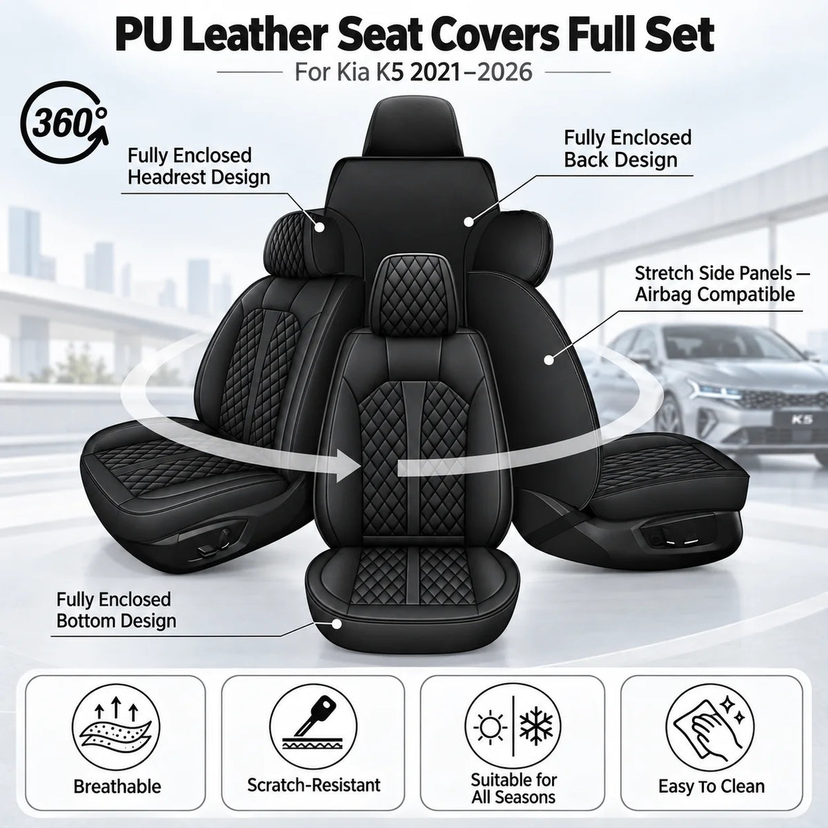 PU Leather 5 Seat Covers Full Set For Kia K5 2021-2026 Car Seats Faux Leather Cushions Front Rear Protector All-Weather Fabric