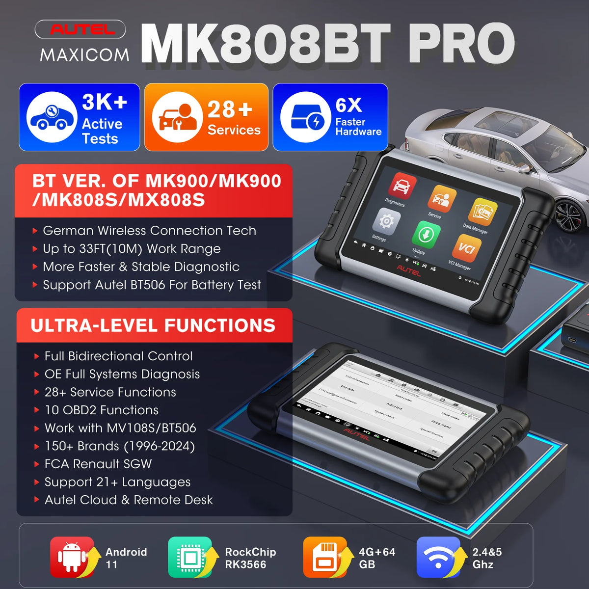 Autel Maxicom Mk808Bt Pro Auto Car Diagnostic Scan Tool Obd2 Bluetooth Automotive Scanner Bi-Directional Code Reader All System Pk Mk808Kbt Mk808S