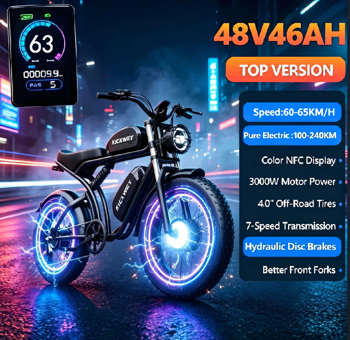 KICKWEY K7 Electric Bike, 3000W Off-Road Electric Bicycle, Full Suspension E-Bike, 20" Fat Tire All-Terrain Electric Dirt Bike