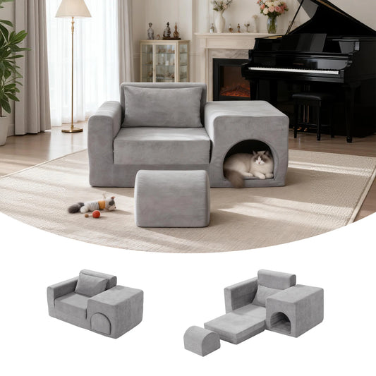 Grey 5-in-1 No-Assembly Sofa Bed with Ottoman Pet-Friendly Easy-Clean Fabric for Small Spaces Dorm Living Room