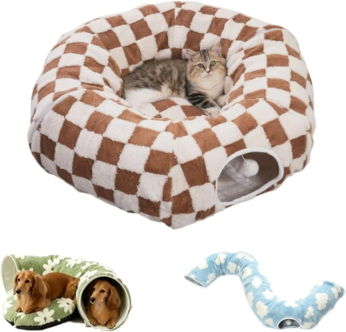 Dachshund Tunnel Bed, Flower Design Plush Foldable Dog Bed