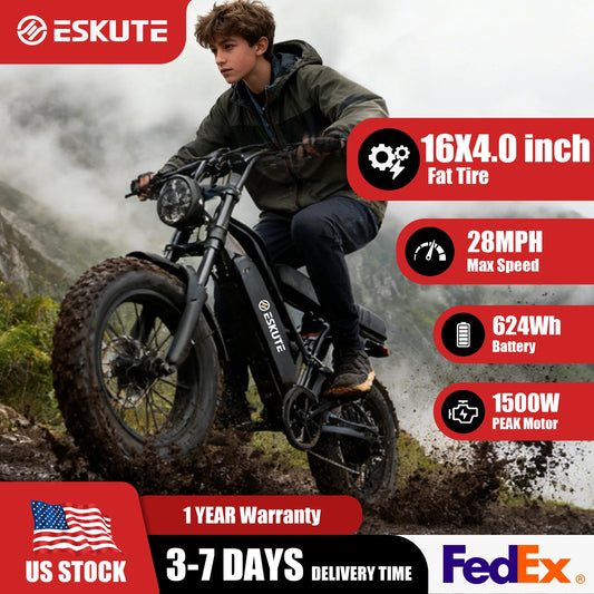 Eskute V100 Electric Dirt Bike, 1500W Peak 20MPH+ 48V13Ah Battery Motorcycle, All Terrain Dual Suspension E Bike , Ebike Up to 60 Miles Range, 16"x4" Fat Tire,  7-Speed，UL2849