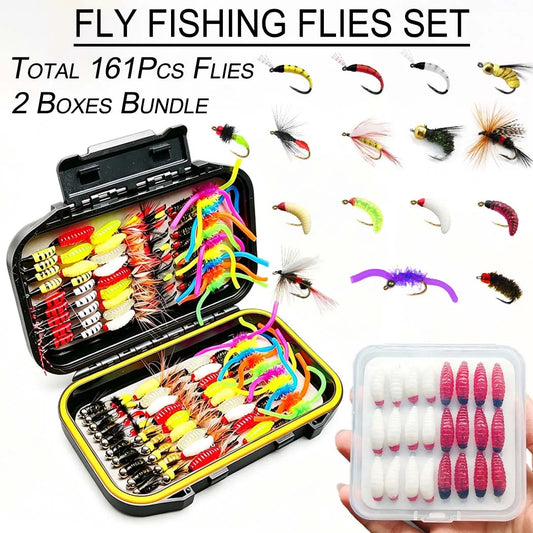 Fly Fishing Flies Total:161Pcs(2 Boxes) Fly Fishing Bait Dry/Wet Fly Nymph Fly Fishing Lure Fly Box for Trout Salmon -Fly Fishing Kit