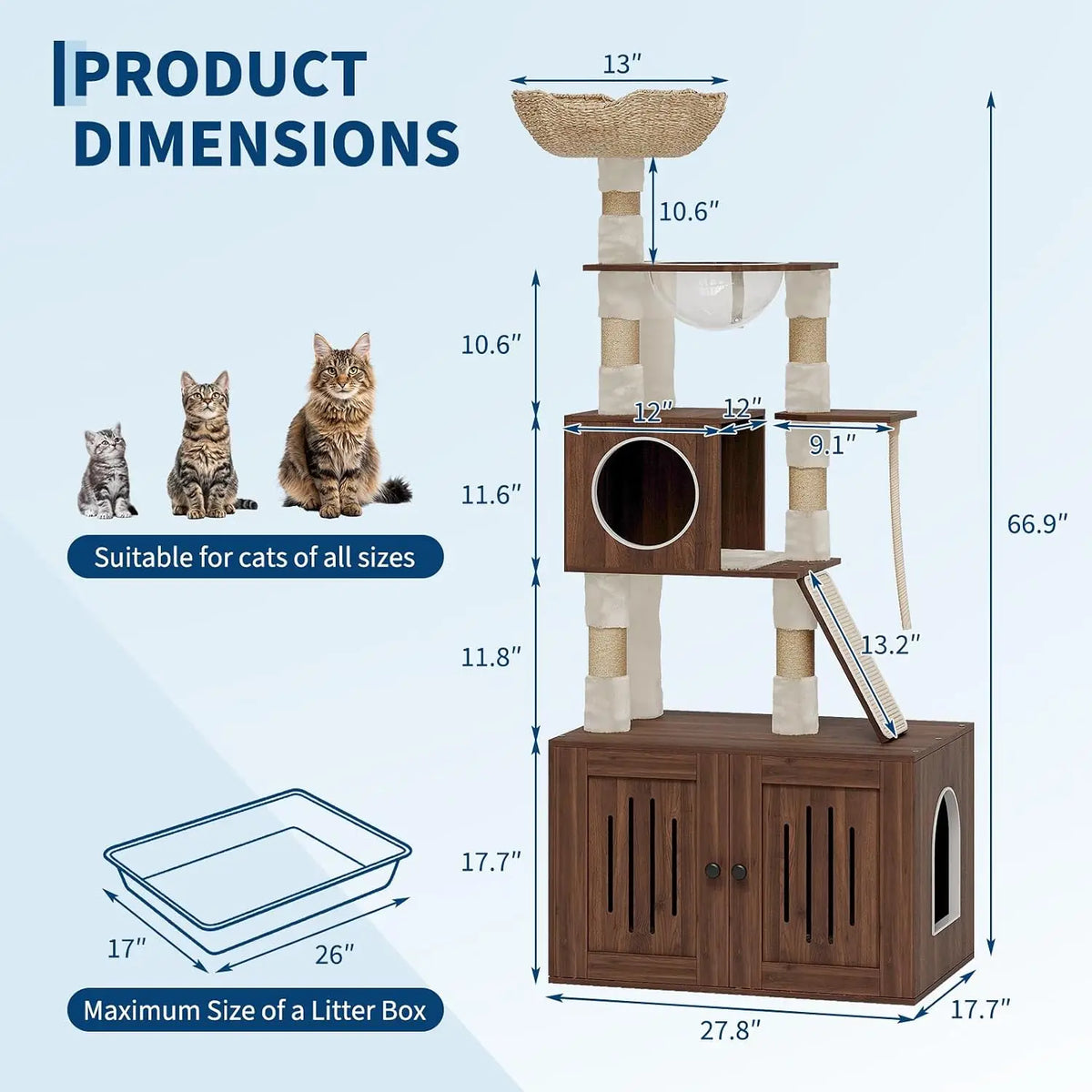 Tacleekii 66.9" Cat Tree with Litter Box Enclosure Multi-Level Cat Condo Attan Cat House & Space Capsule Acrylic Hammock Double-door Storage 15mm Thick Board & Wide Base