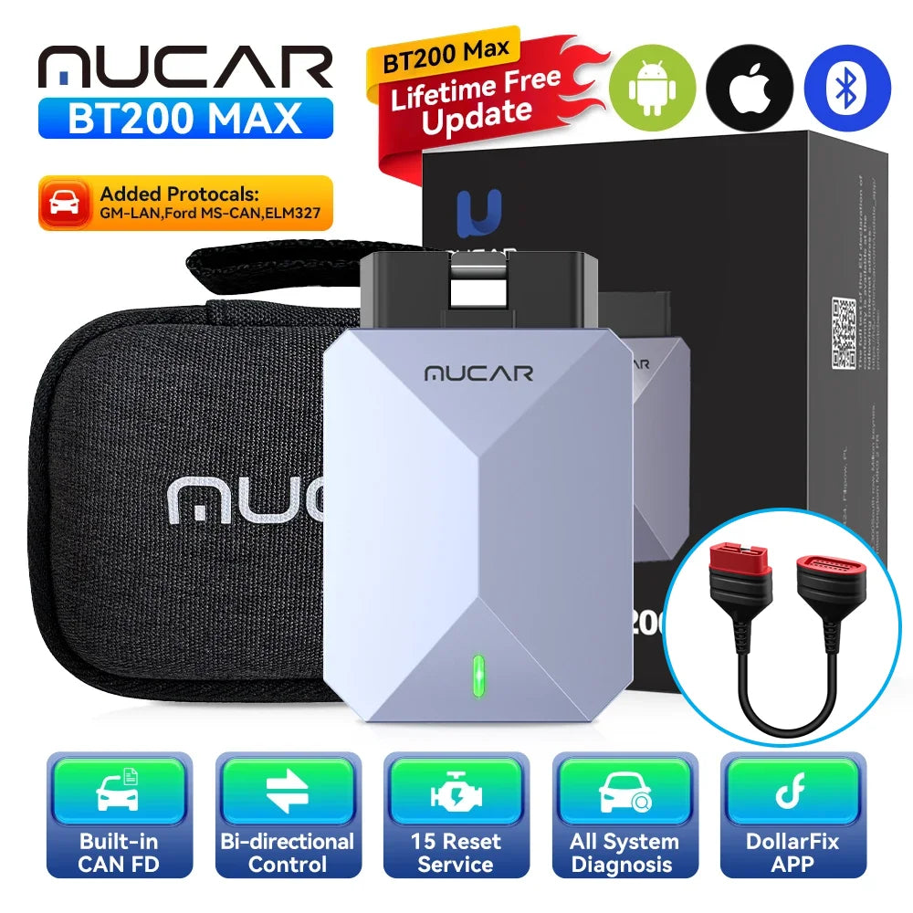 MUCAR BT200 MAX Lifetime Free Auto OBD2 Scanner Full System 15 Reset CAN-FD Bi-directional ECM TCM ABS Car Diagnostic Tools