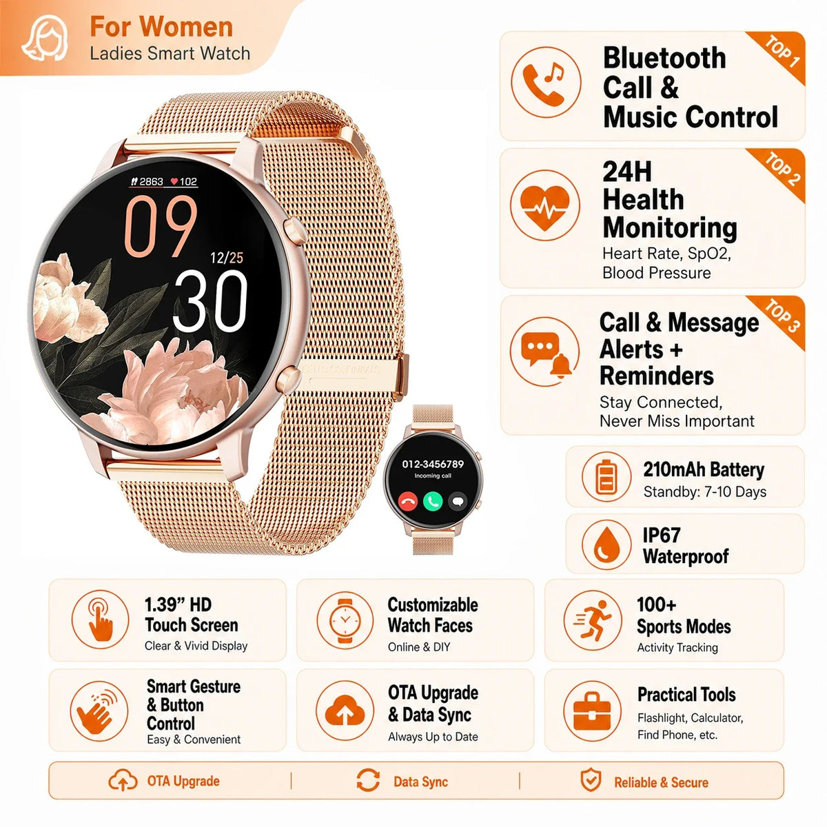 Ladies Smartwatch with Bluetooth Calling Heart Rate and Fitness Tracking